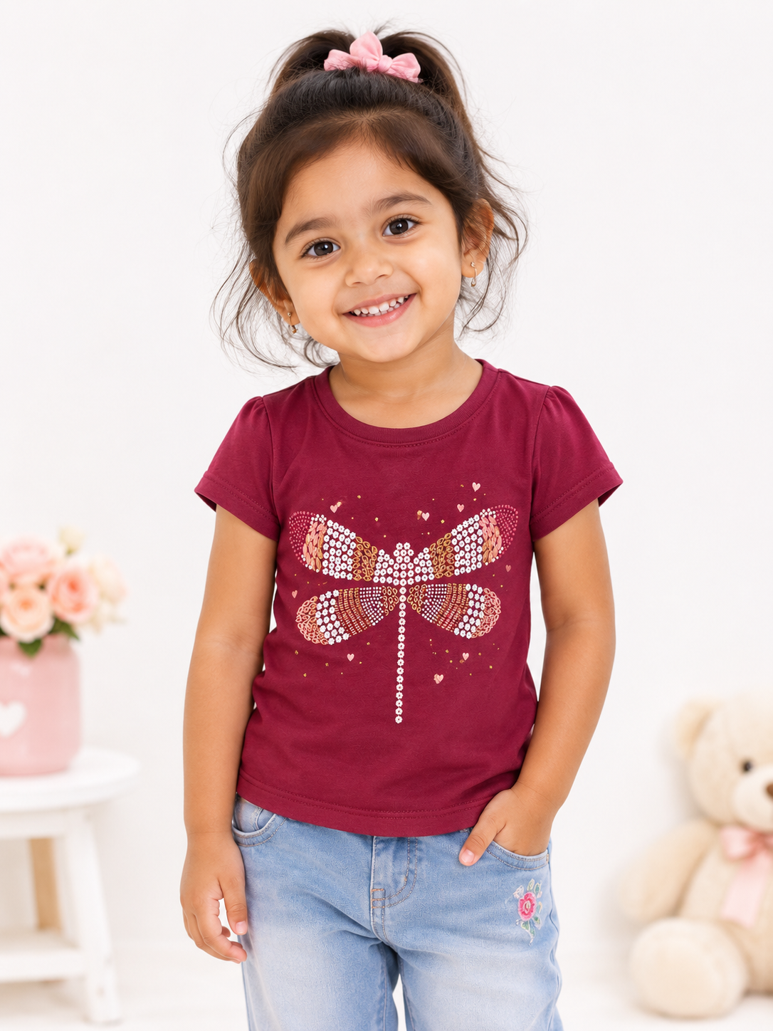 Al Minhas Collection Sparkling Dragonfly Girls Shirt Maroon Girls