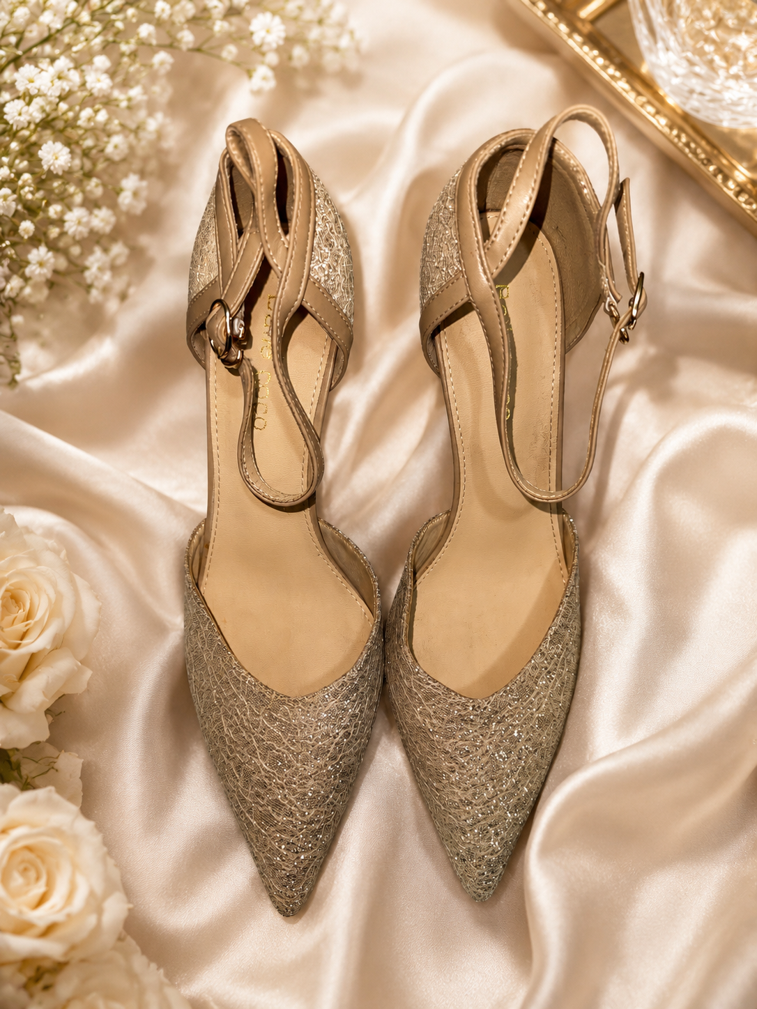 Al Minhas Collection Glitter Ankle Strap Heels Silver Women