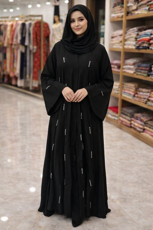 Al Minhas Collection Imported Black Elegant Beaded Abaya Modest UAE Black Unisex