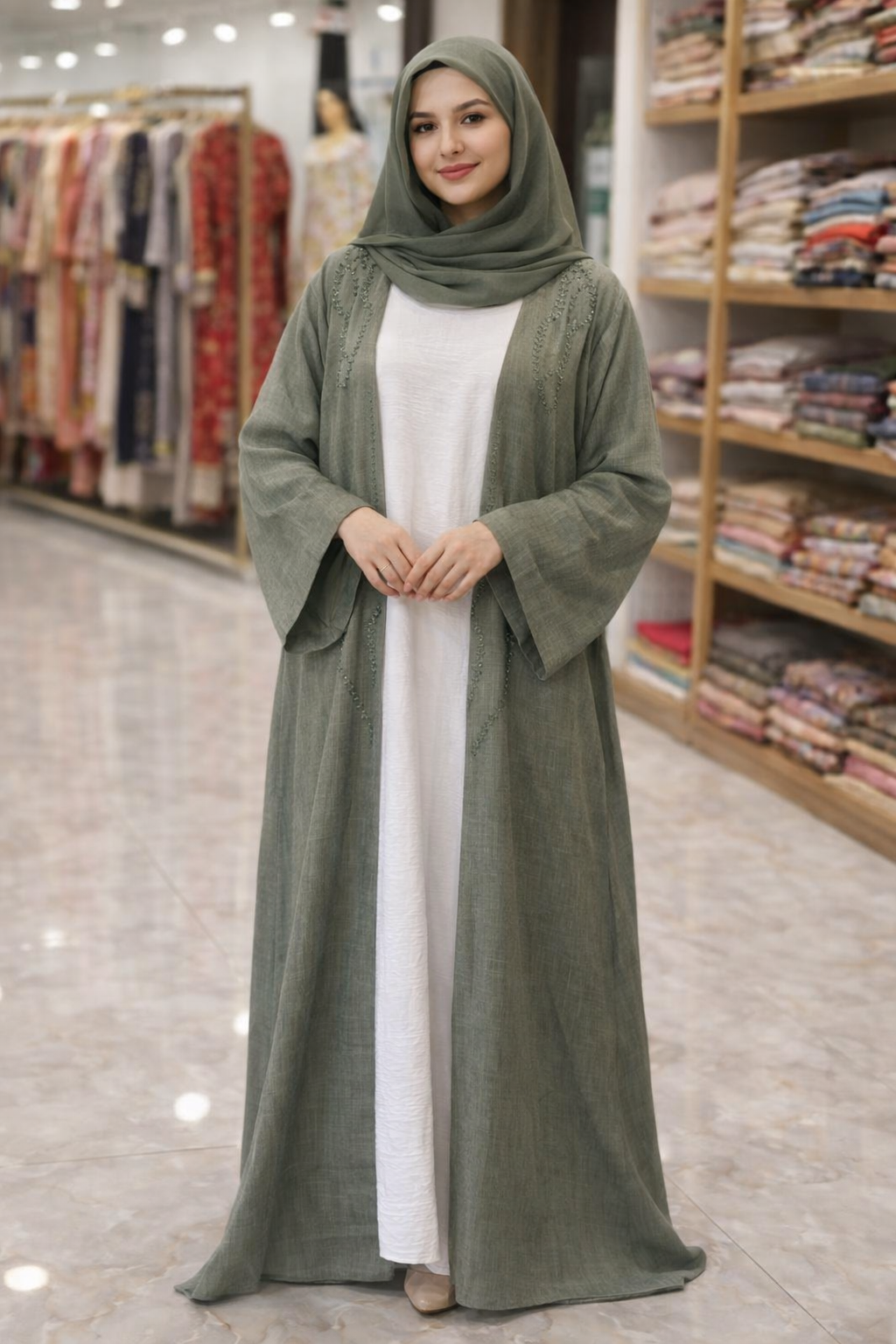 Al Minhas Collection Imported Sage Green Open Abaya Elegant UAE Sage Green Unisex